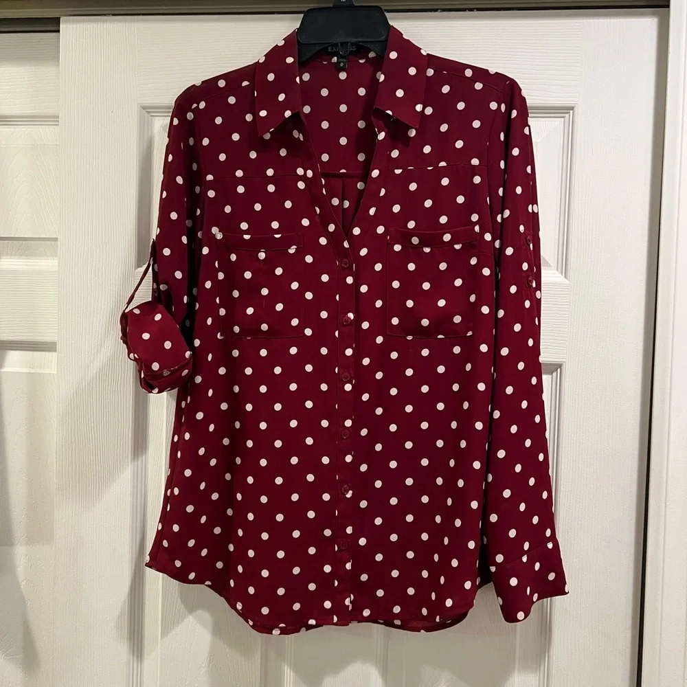 Express Maroon Polka Dot Button Down Shirt - Picture 1 of 5